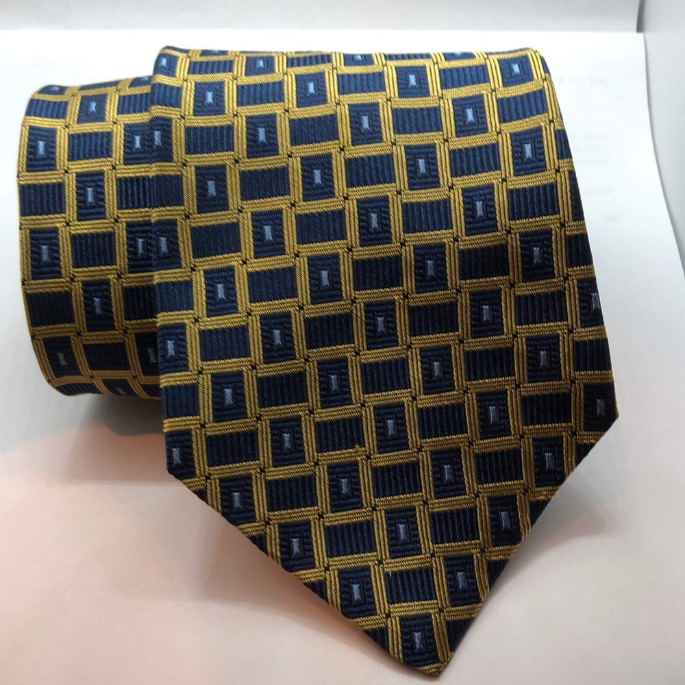 VTG Allen Sally Pure Silk Geo Pattern Gold/Blue Tie